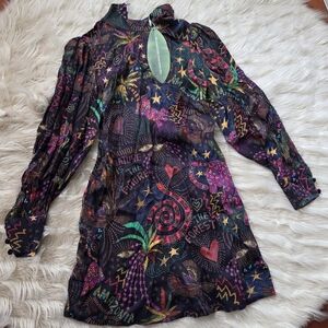 FARM Rio Black Multi-Color Long Sleeve Mini Dress